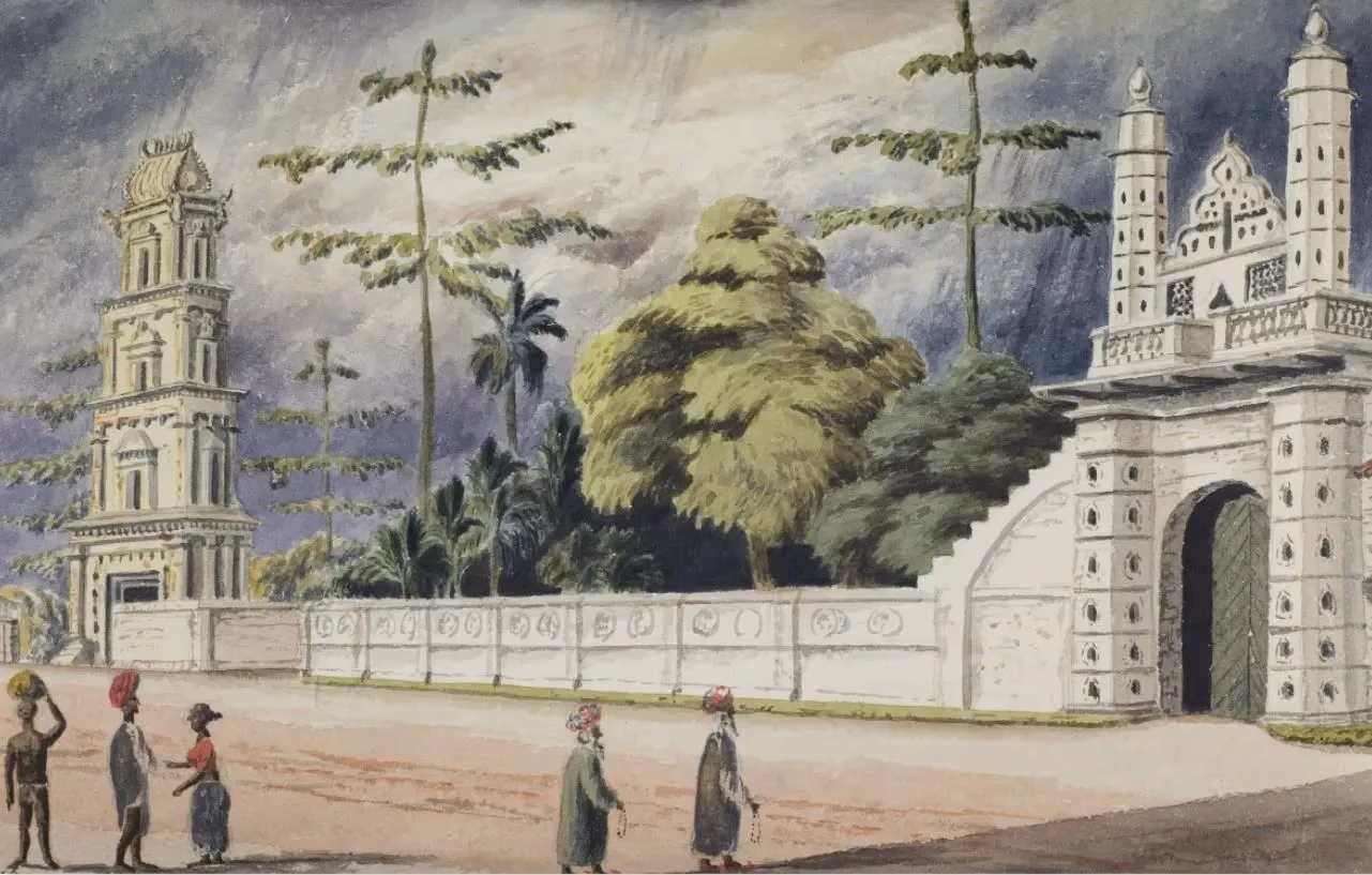 1846 watercolour depicting Masjid Jamae and Sri Mariamman Temple